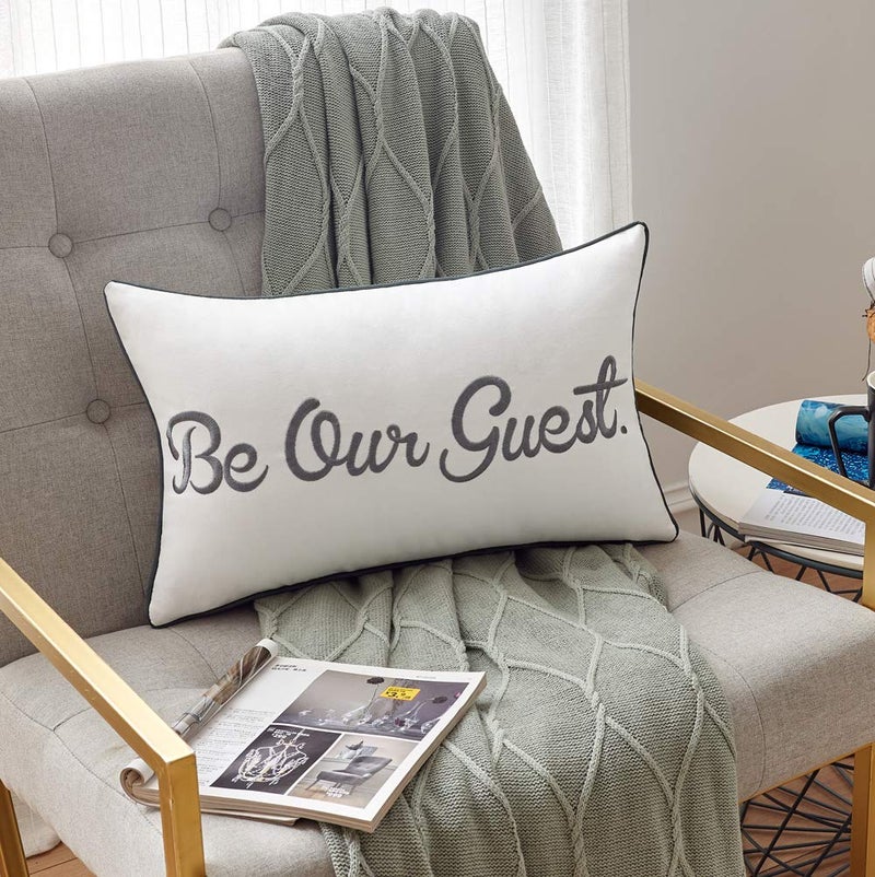 Sanmetexr Be Our Guest Decorative Lumbar Pillow Covers 12x20 Inches, Decor Soft Embroidered Accent Pillow Case for Bed, Bedroom, Guestroom. (Color White Grey) - Image 1